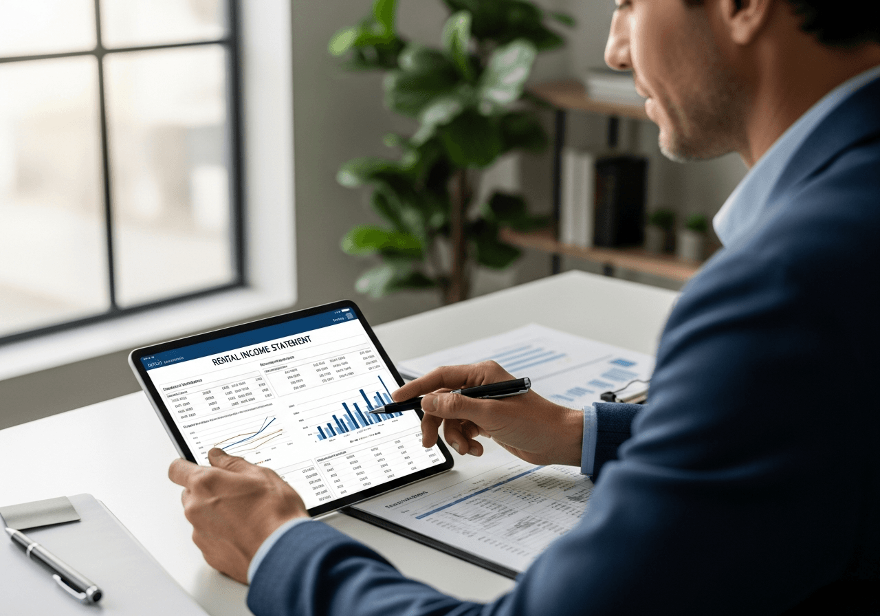 Property owner reviewing a monthly rental income report